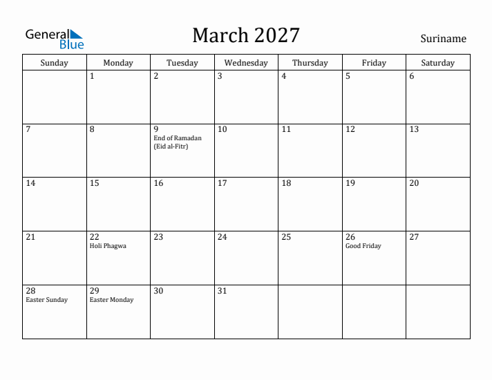 March 2027 Calendar Suriname