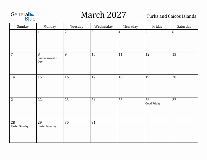 March 2027 Calendar Turks and Caicos Islands