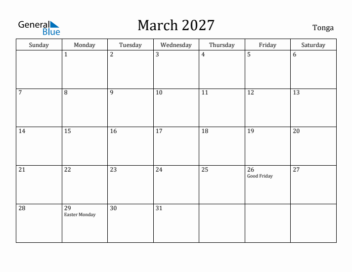 March 2027 Calendar Tonga