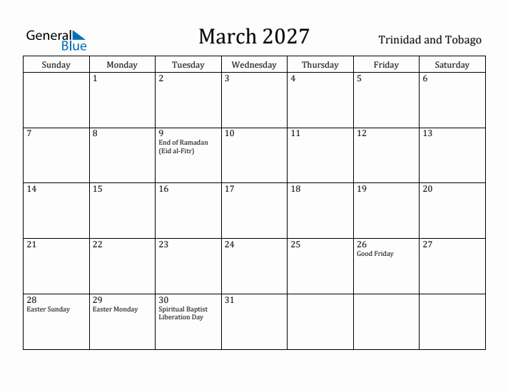 March 2027 Calendar Trinidad and Tobago