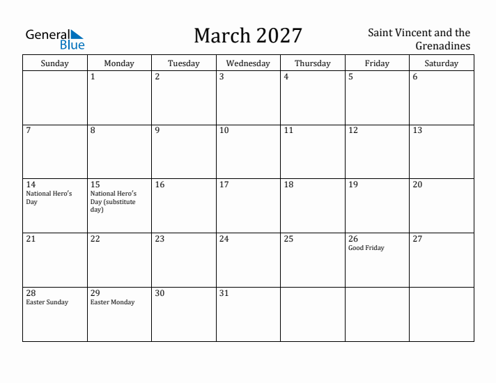 March 2027 Calendar Saint Vincent and the Grenadines