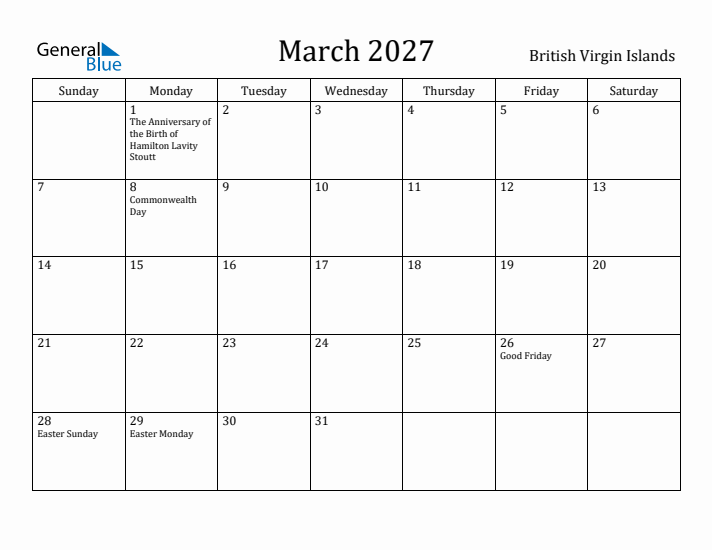 March 2027 Calendar British Virgin Islands
