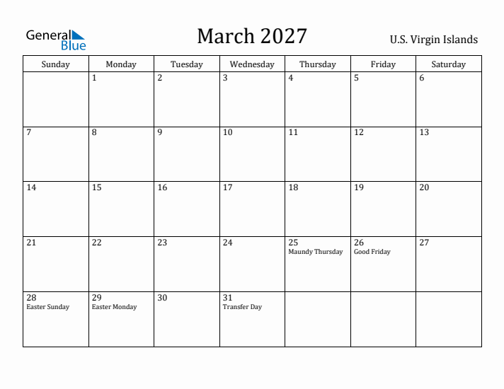 March 2027 Calendar U.S. Virgin Islands
