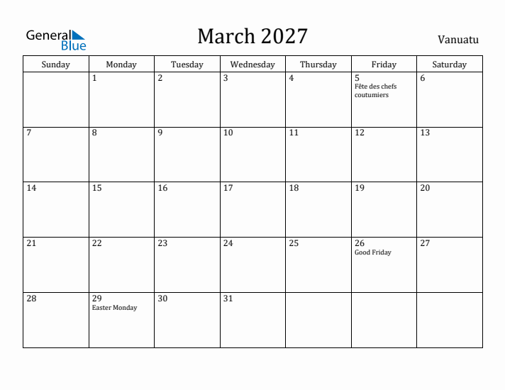March 2027 Calendar Vanuatu