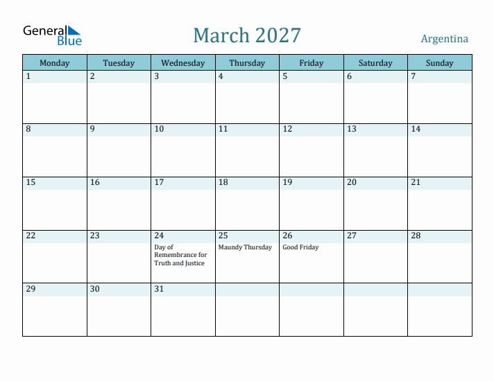 March 2027 Calendar with Holidays
