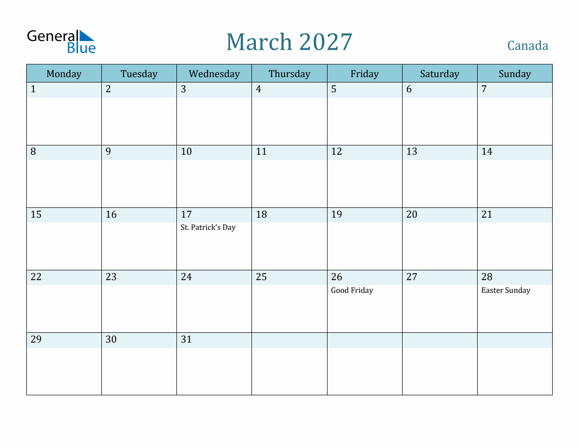 Canada Holiday Calendar for March 2027 (Monday Start)