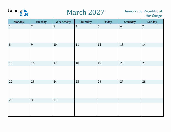March 2027 Calendar with Holidays