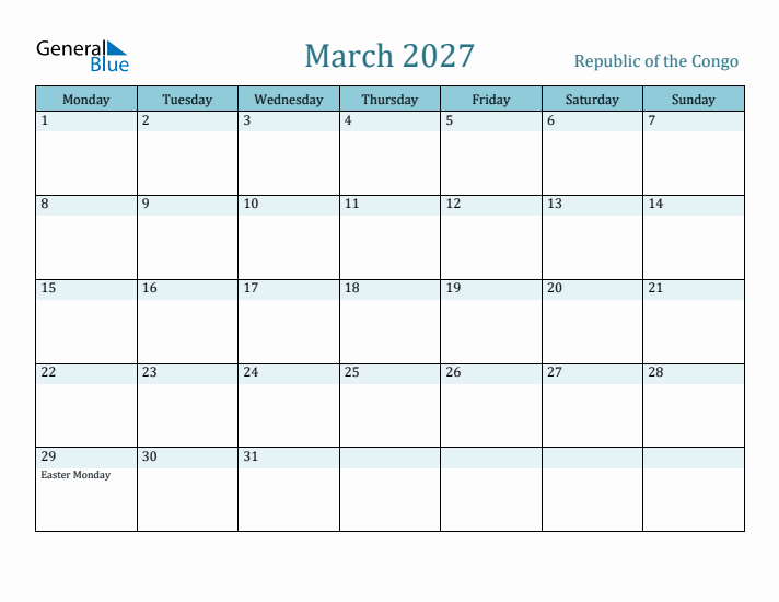 March 2027 Calendar with Holidays