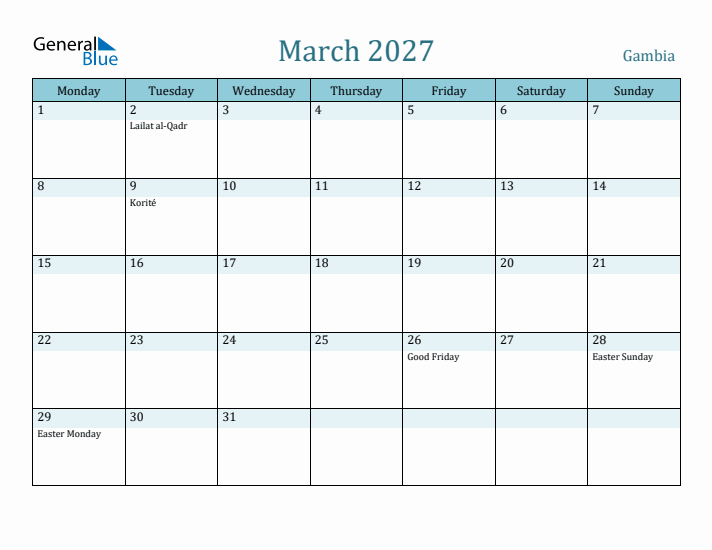 March 2027 Calendar with Holidays