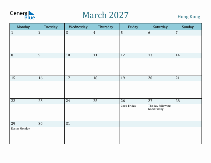 March 2027 Calendar with Holidays