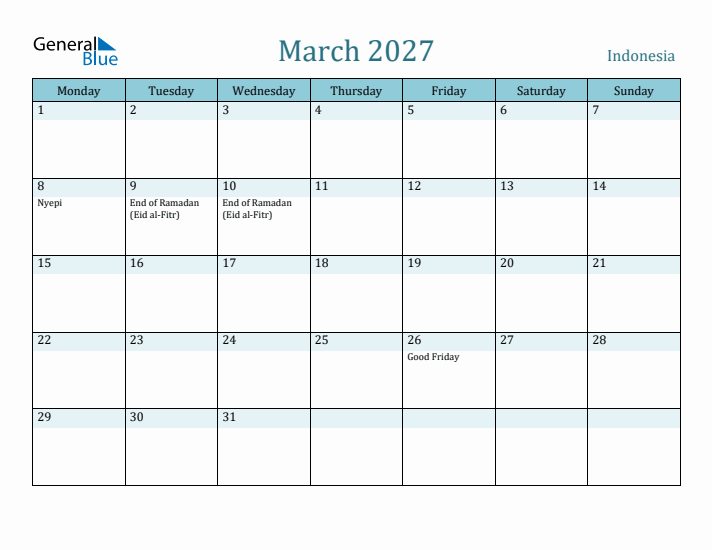 March 2027 Calendar with Holidays