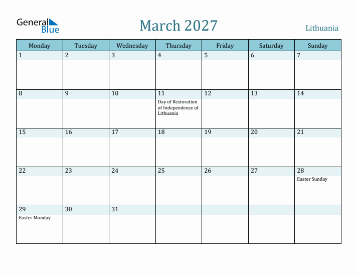 March 2027 Calendar with Holidays