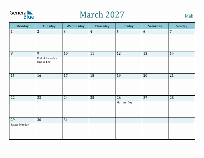 March 2027 Calendar with Holidays