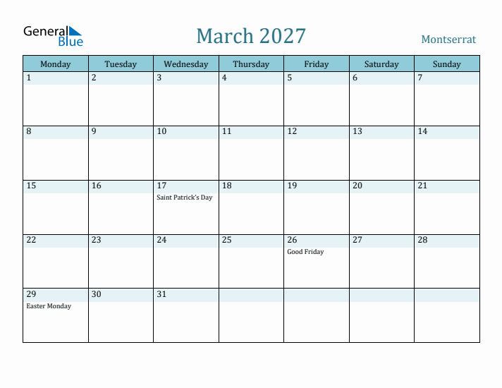 March 2027 Calendar with Holidays