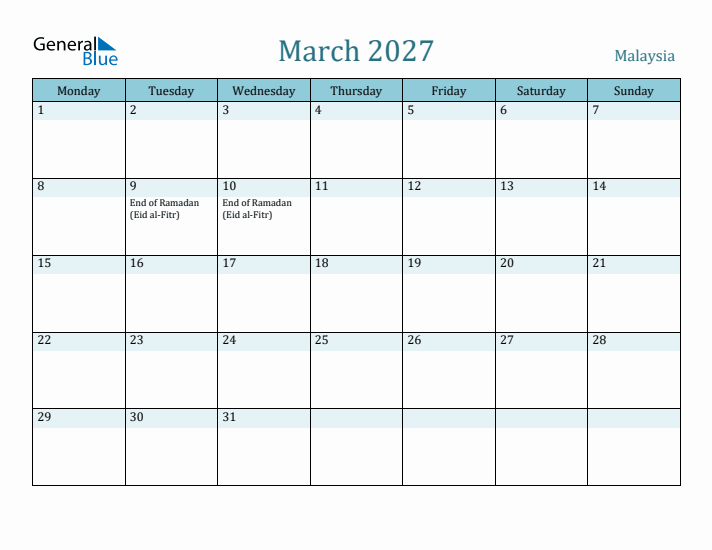 March 2027 Calendar with Holidays