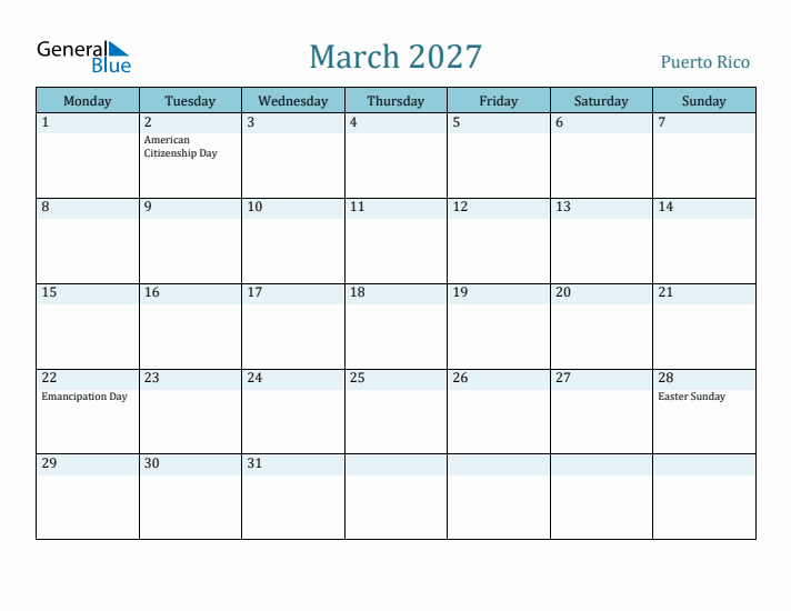 March 2027 Calendar with Holidays