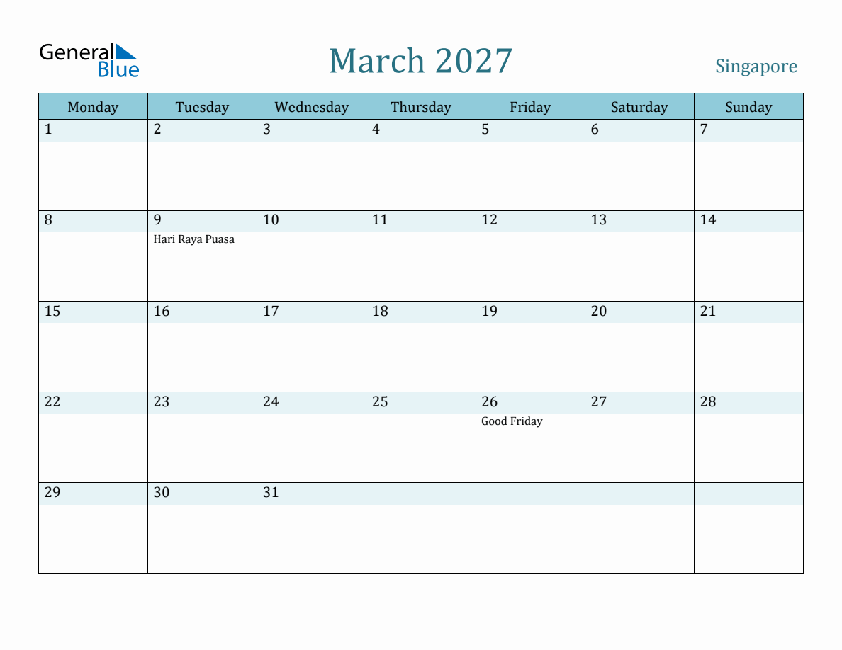 Singapore Holiday Calendar for March 2027 (Monday Start)
