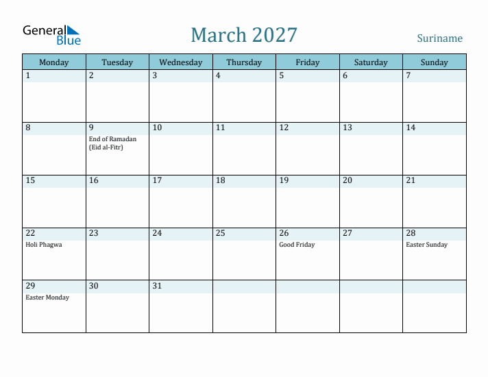 March 2027 Calendar with Holidays