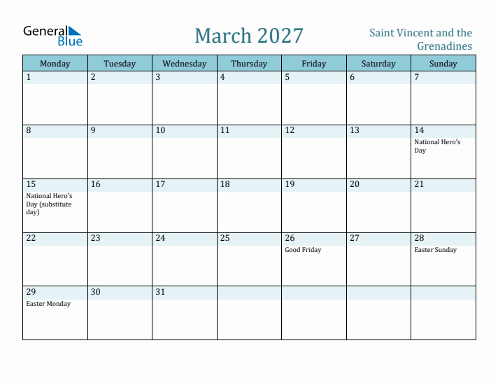 March 2027 Calendar with Holidays