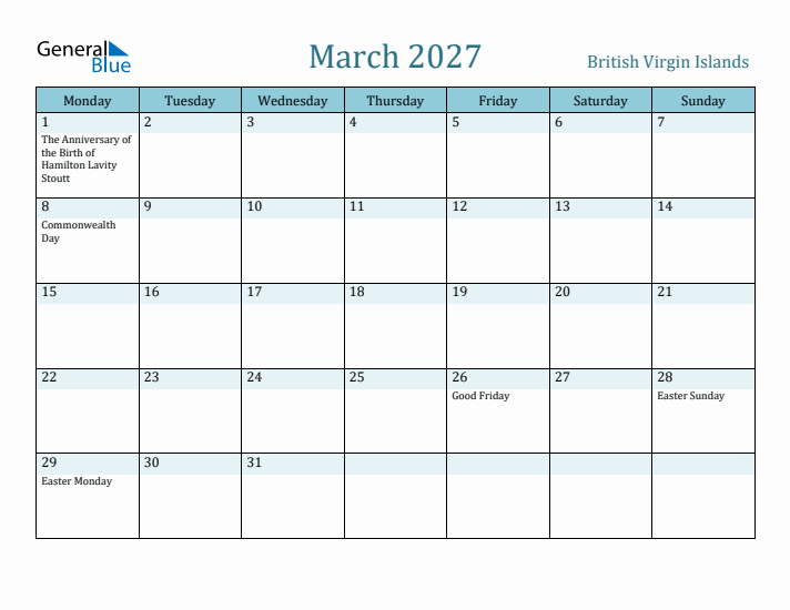 March 2027 Calendar with Holidays