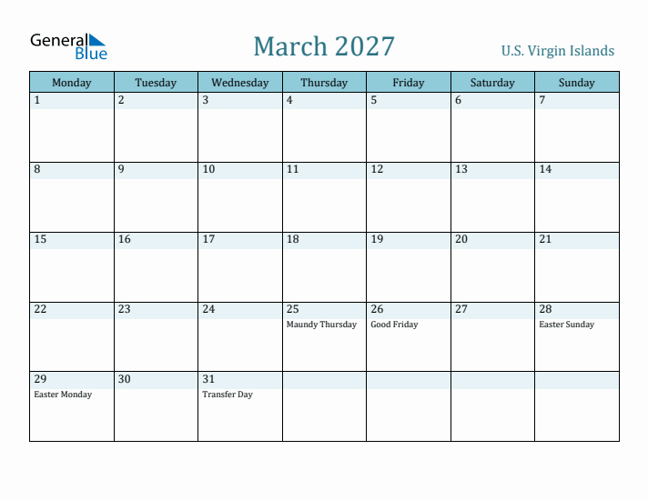 March 2027 Calendar with Holidays