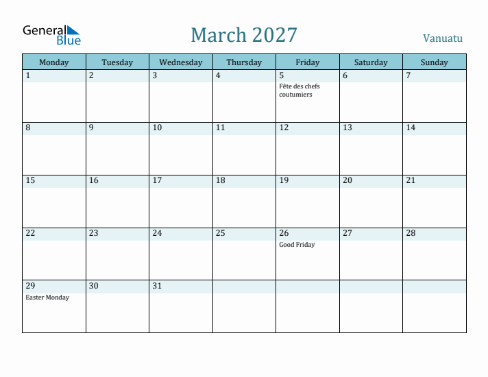 March 2027 Calendar with Holidays