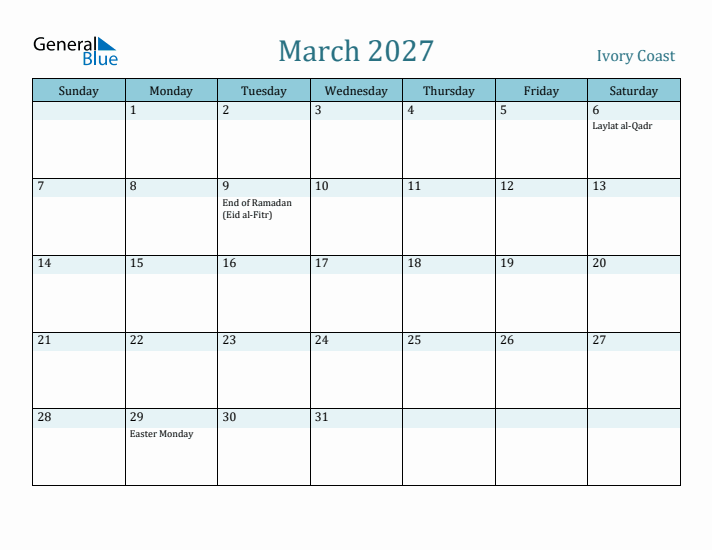 March 2027 Calendar with Holidays
