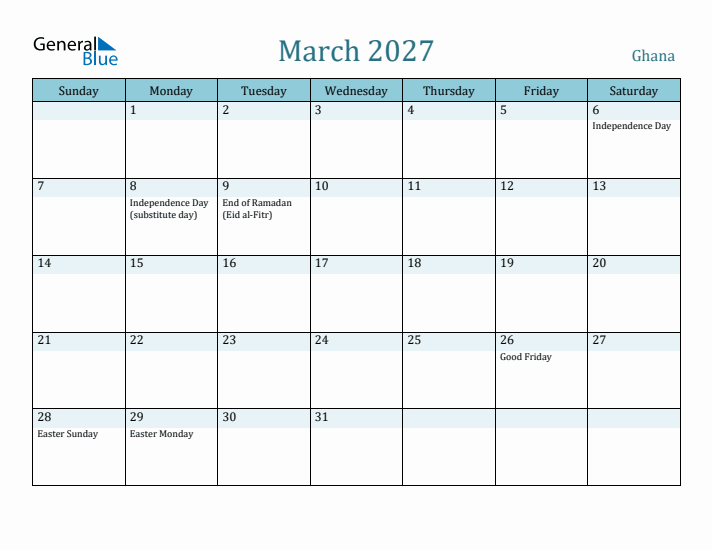 March 2027 Calendar with Holidays