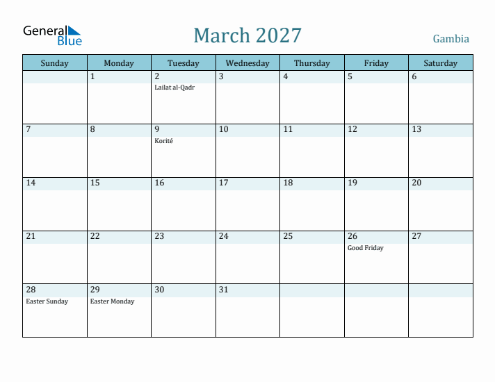 March 2027 Calendar with Holidays