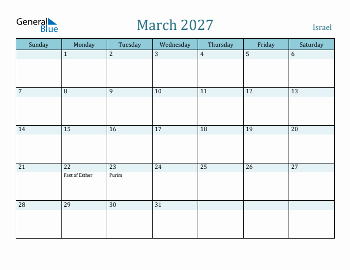 March 2027 Calendar with Holidays