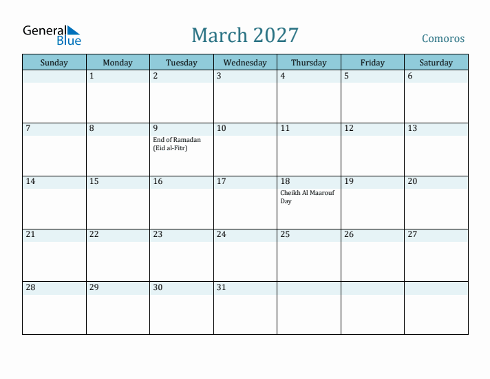 March 2027 Calendar with Holidays