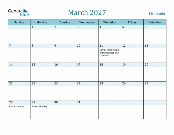 March 2027 Calendar with Holidays