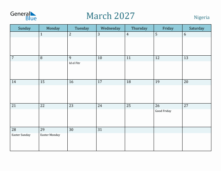 March 2027 Calendar with Holidays