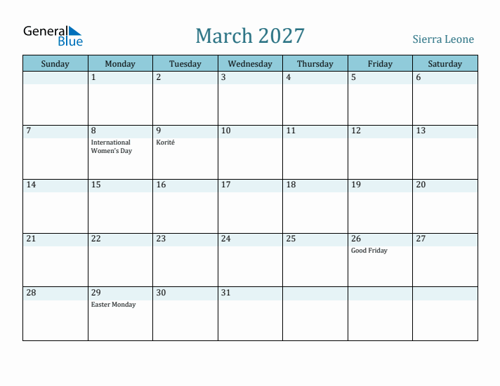 March 2027 Calendar with Holidays
