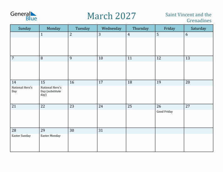 March 2027 Calendar with Holidays