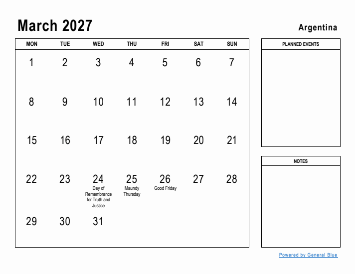 March 2027 Printable Monthly Calendar with Argentina Holidays