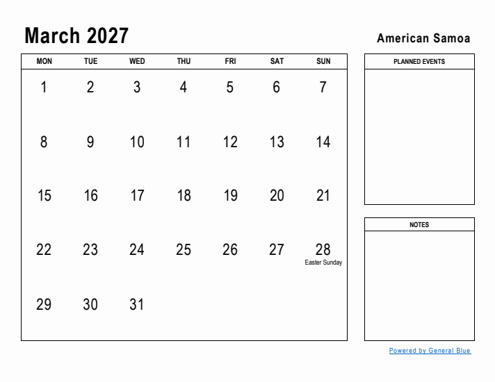 March 2027 Printable Monthly Calendar with American Samoa Holidays