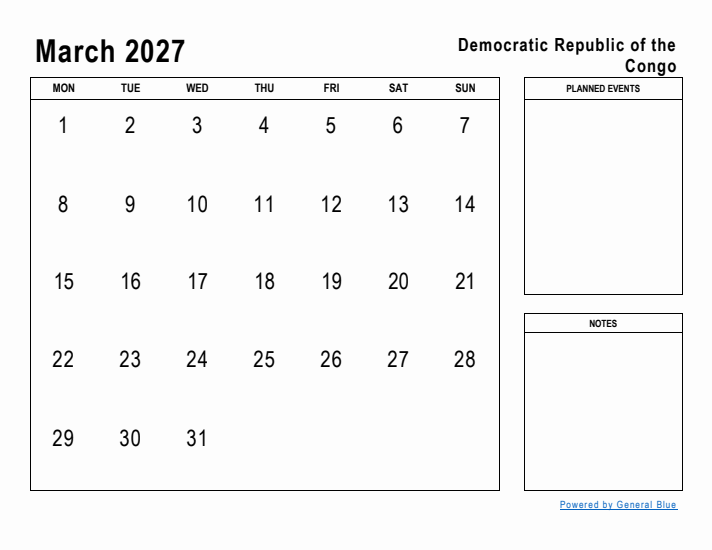 March 2027 Printable Monthly Calendar with Democratic Republic of the Congo Holidays