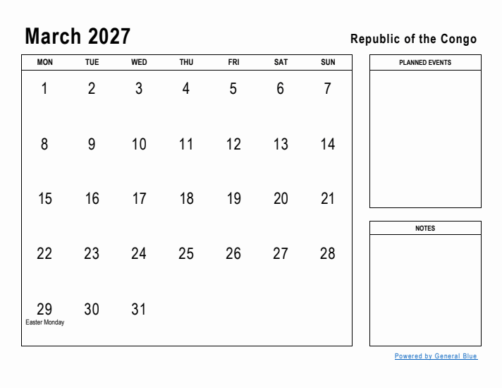 March 2027 Printable Monthly Calendar with Republic of the Congo Holidays