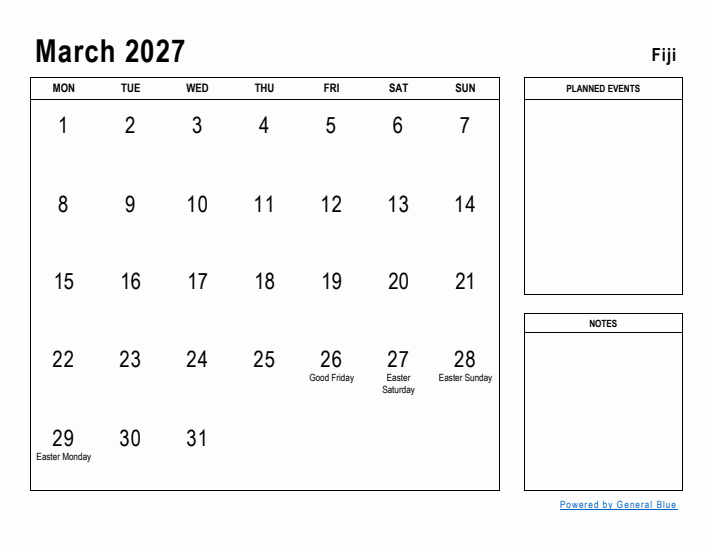 March 2027 Printable Monthly Calendar with Fiji Holidays