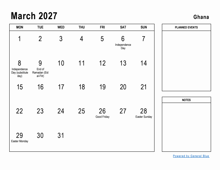 March 2027 Printable Monthly Calendar with Ghana Holidays