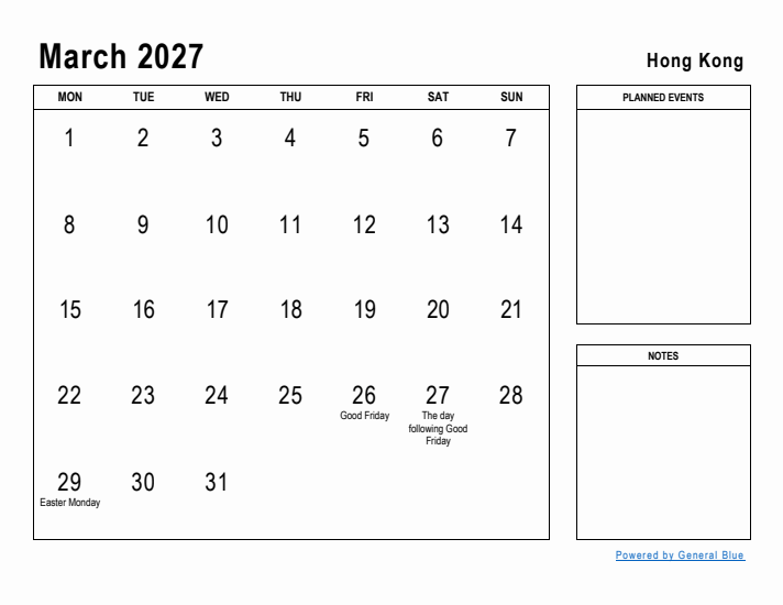 March 2027 Printable Monthly Calendar with Hong Kong Holidays