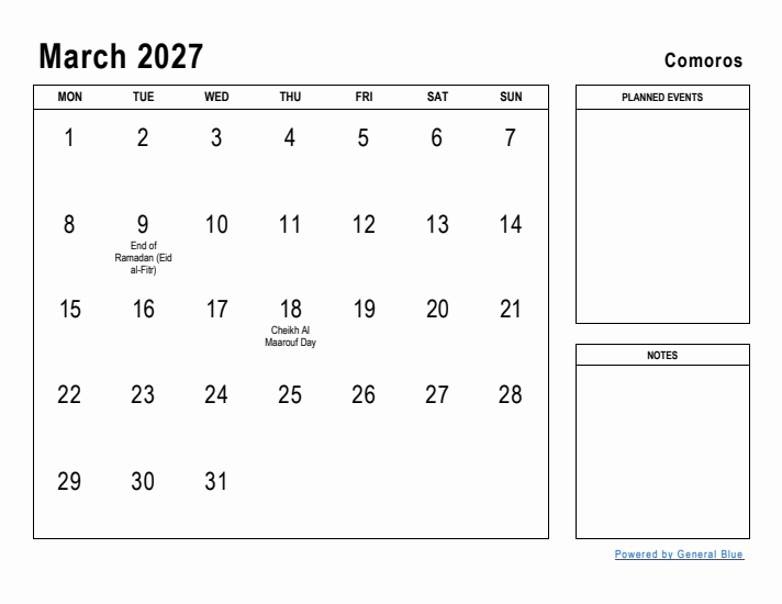 March 2027 Printable Monthly Calendar with Comoros Holidays