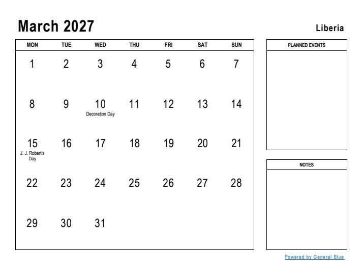 March 2027 Printable Monthly Calendar with Liberia Holidays