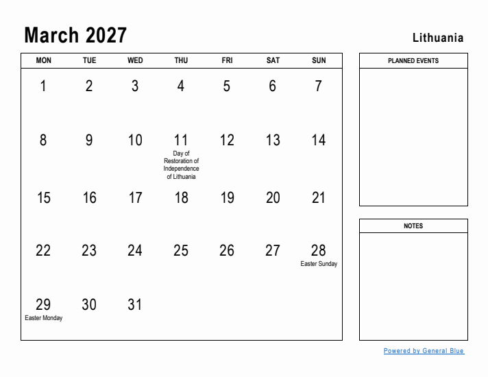 March 2027 Printable Monthly Calendar with Lithuania Holidays