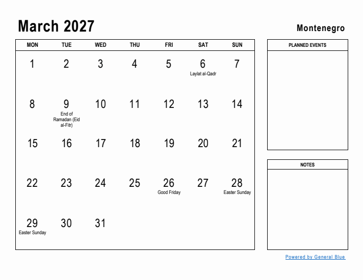 March 2027 Printable Monthly Calendar with Montenegro Holidays