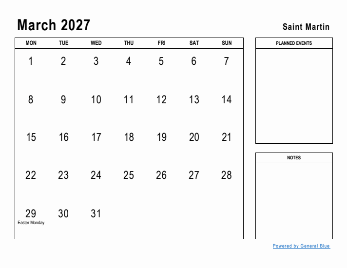 March 2027 Printable Monthly Calendar with Saint Martin Holidays