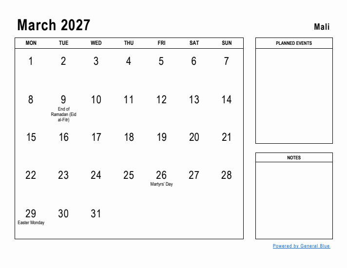 March 2027 Printable Monthly Calendar with Mali Holidays