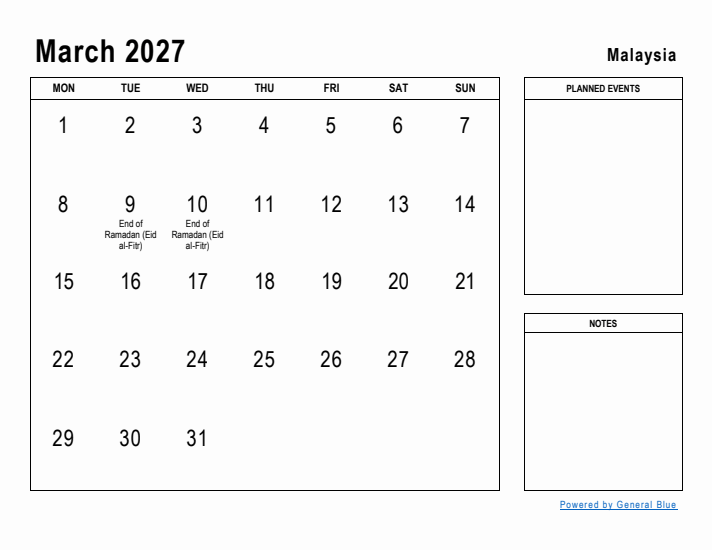 March 2027 Printable Monthly Calendar with Malaysia Holidays