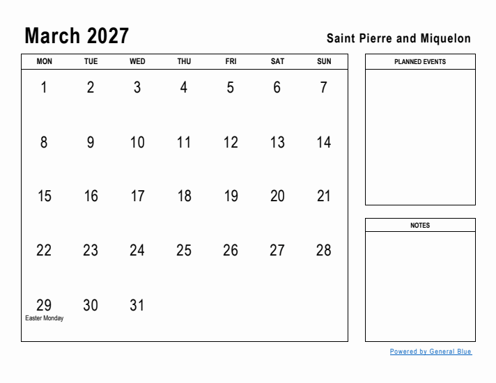 March 2027 Printable Monthly Calendar with Saint Pierre and Miquelon Holidays